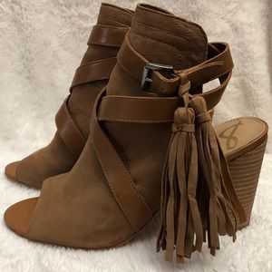 Sam Edelman Brown Suede Open-Toe Tassel Ankle Booties